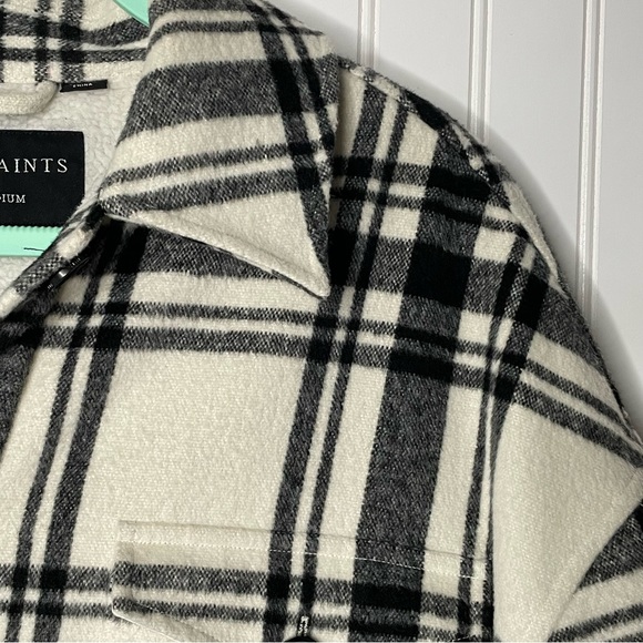 AllSaints Luella Check Jacket Black White Buffalo Plaid Medium Sherpa Lined - Picture 2 of 12